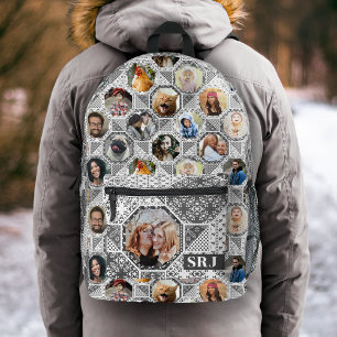 Family Photo Collage Easy Grey Quilt Look Monogram Printed Backpack