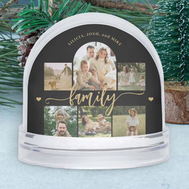 Family photo collage elegant gold script keepsake snowglobe (Creator Uploaded)
