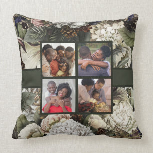 Family Photo Collage Elegant Winter Garden Floral Cushion