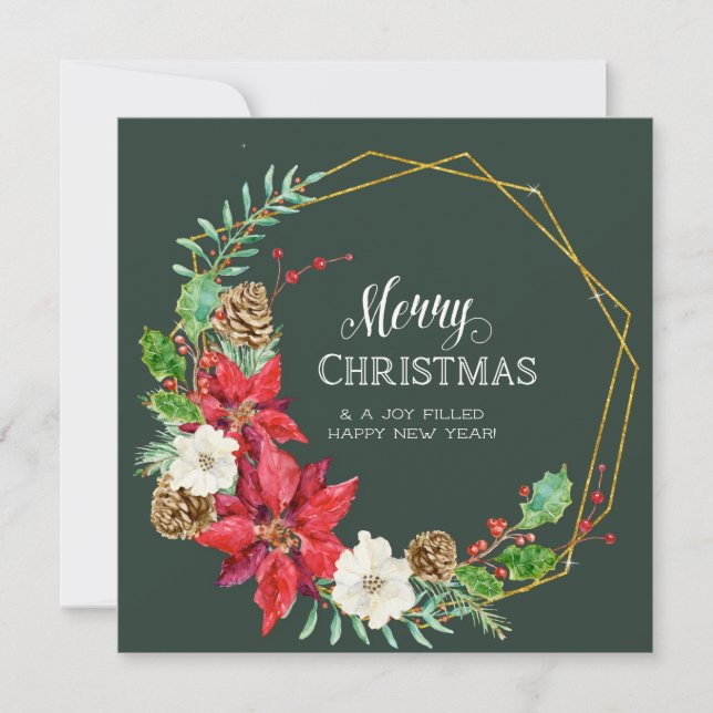Family Photo Collage Emerald Green n Gold Floral Holiday Card (Front)