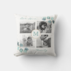 Family Photo Collage Eucalyptus Monogrammed Throw Cushion