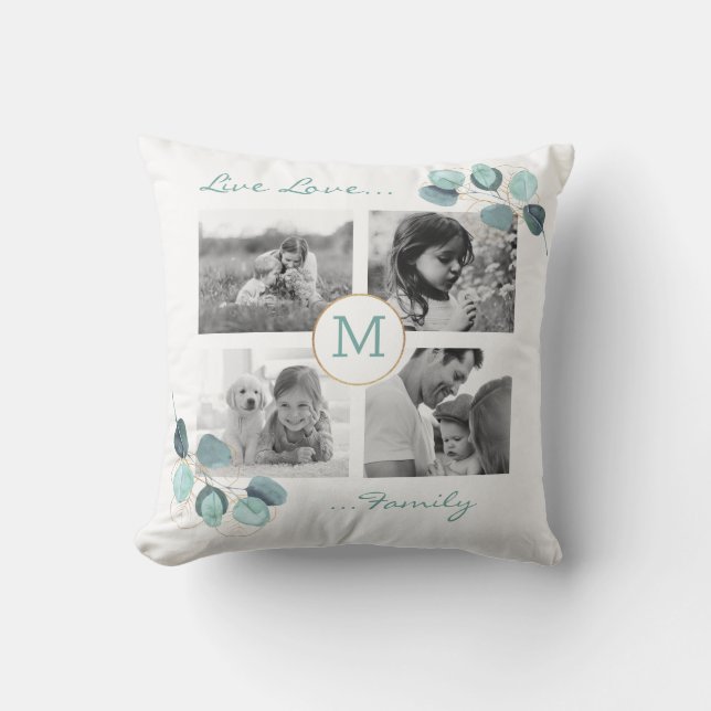 Family Photo Collage Eucalyptus Monogrammed Throw  Cushion (Front)