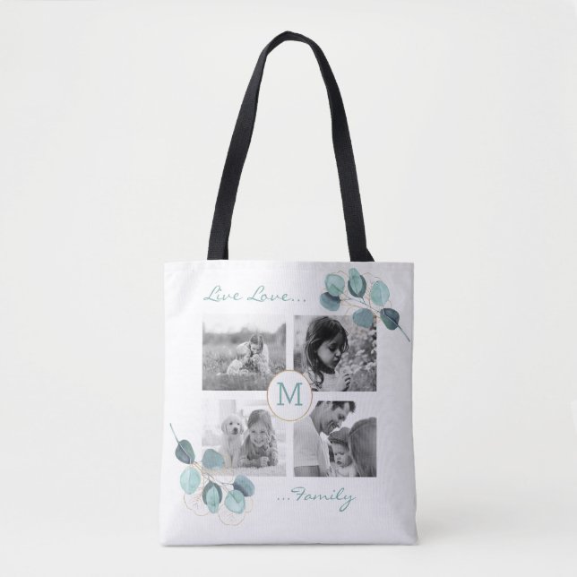 Family Photo Collage Eucalyptus Monogrammed Tote B (Front)