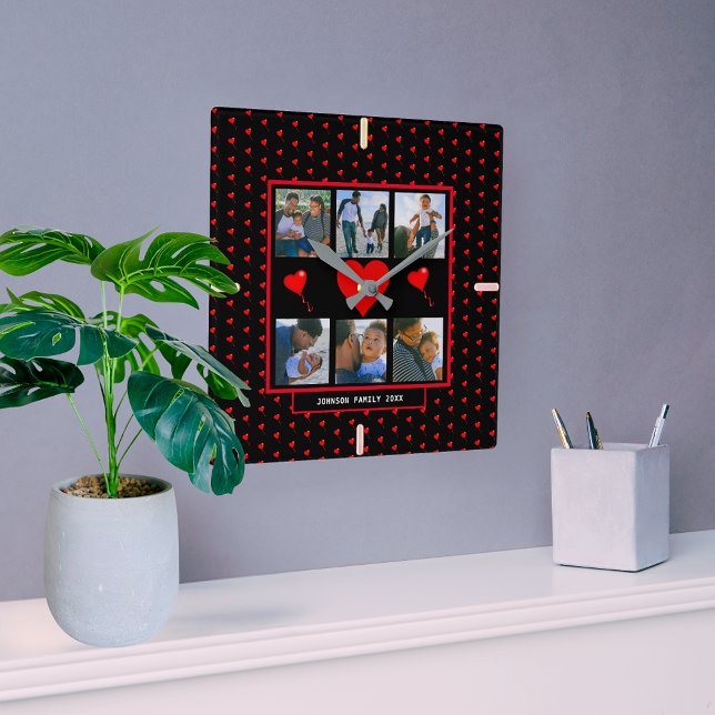 Family Photo Collage Family Heart Black Background Square Wall Clock (Family Photo Collage Family Heart Black Background Square Wall )