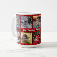 Family photo collage family name on buffalo plaid