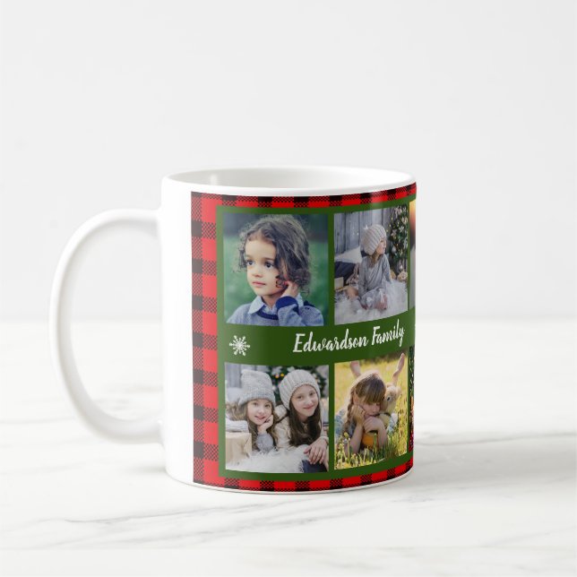 Family photo collage family name on buffalo plaid coffee mug (Left)