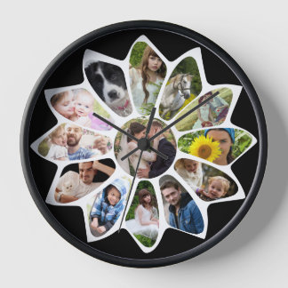 Family Photo Collage Flower Black and White Easy Clock