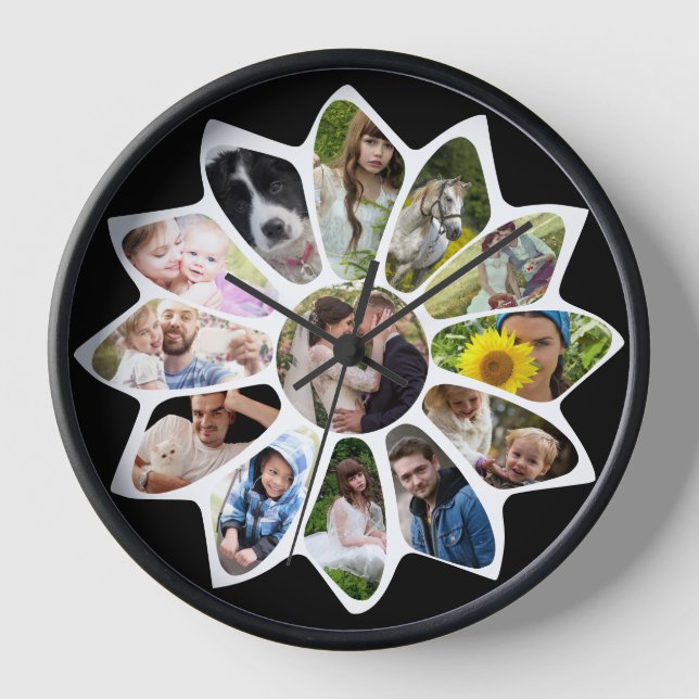 Family Photo Collage Flower Black and White Easy Clock (Front)