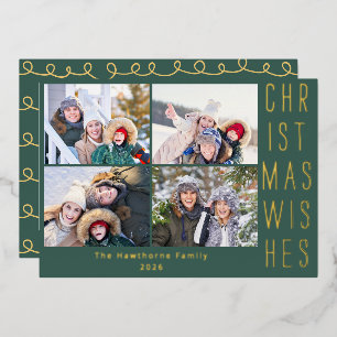 Family Photo Collage Forest Green Merry Christmas Foil Holiday Card