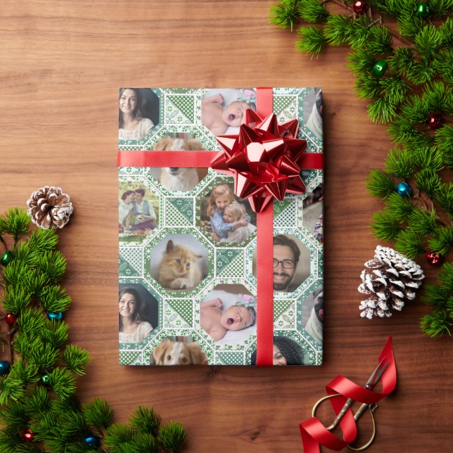 Family Photo Collage Green Quilt Look 28 Pics Easy Wrapping Paper (Holiday Gift)