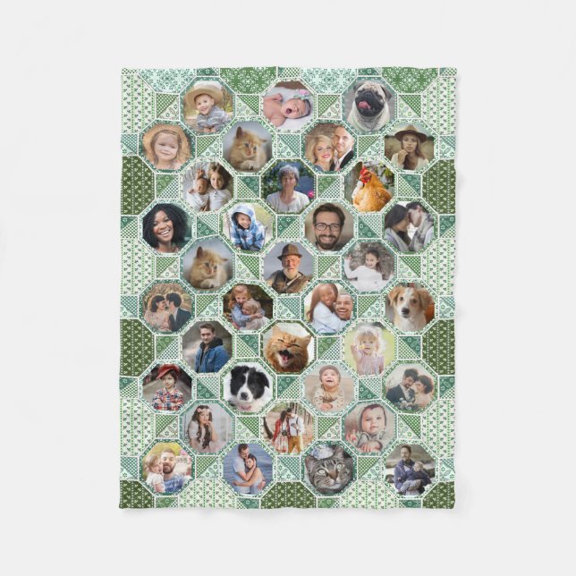 Family Photo Collage Green Quilt Look 35 Pic Lg Sm Fleece Blanket (Front)