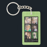 Family Photo Collage Green White Dots Personalised Key Ring<br><div class="desc">This acrylic key chain offers six custom photo frames for you to add a collage of your favourite family photos. The background is bright green with a small white dot pattern. Custom text,  near the bottom,  allows you to add your name.</div>