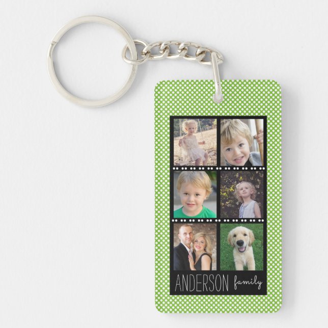 Family Photo Collage Green White Dots Personalised Key Ring (Front)