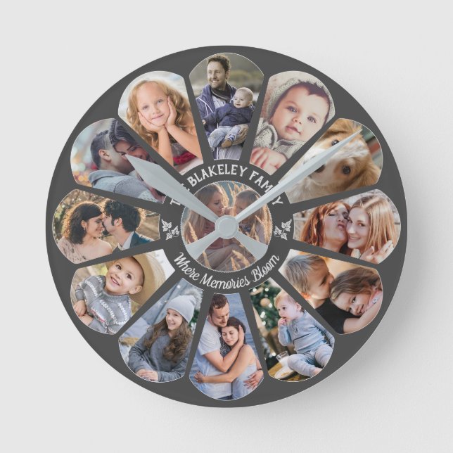 Family Photo Collage Grey 13 Custom Flower Shape Round Clock (Front)