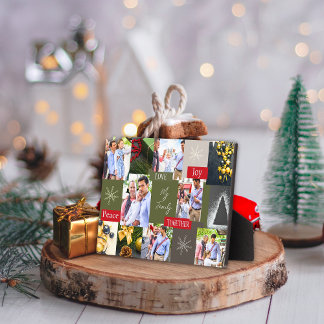 Family Photo Collage Grid Green And Red Christmas  Plaque