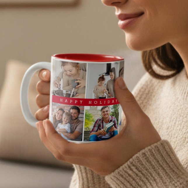 Family Photo Collage Happy Holidays Custom Red Two-Tone Coffee Mug (Red Two tone mug happy holidays family photo collage)