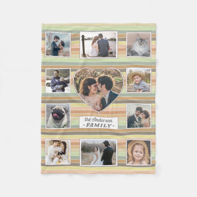 Family Photo Collage Heart 11 Custom Retro Stripe Fleece Blanket (Front)