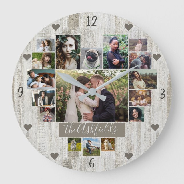 Family Photo Collage Heart 17 Pic Name Rustic Wood Large Clock (Front)