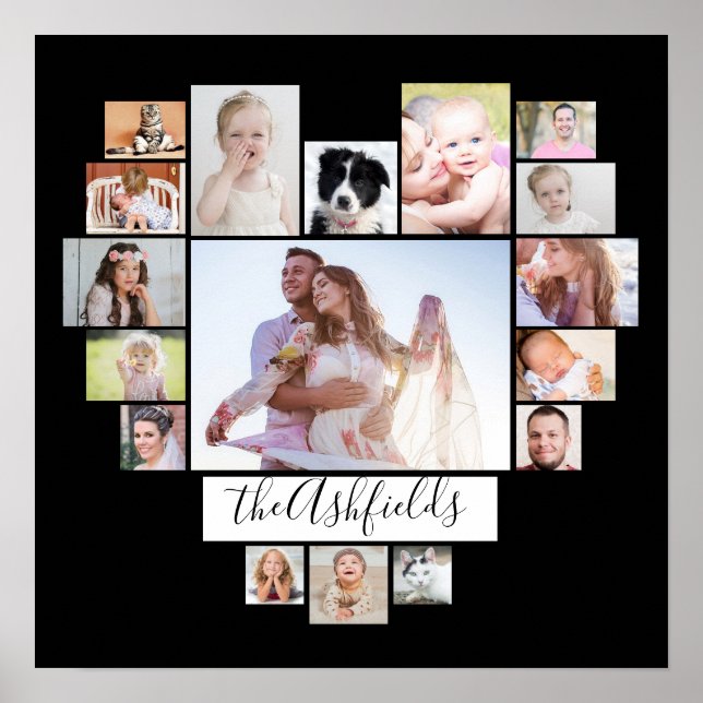 Family Photo Collage Heart 17 Pictures Name Black Poster (Front)