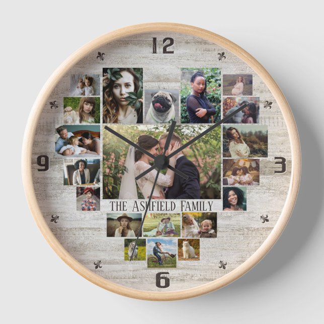 Family Photo Collage Heart 20 Pics Name Farm Wood Clock (Front)