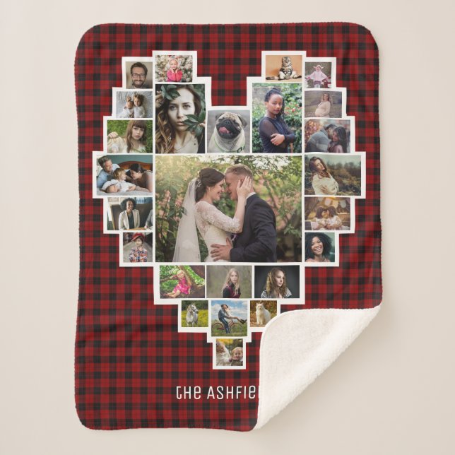 Family Photo Collage Heart 25 Pics Name Red Plaid Sherpa Blanket (Front)