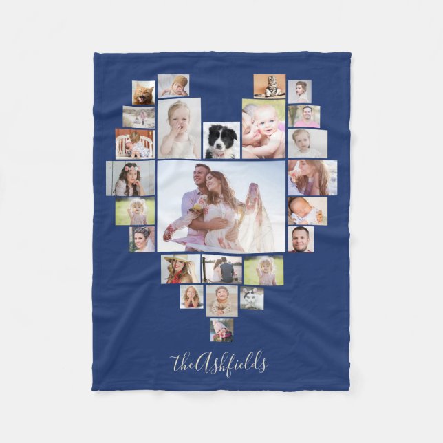 Family Photo Collage Heart 25 Pictures Name Blue Fleece Blanket (Front)