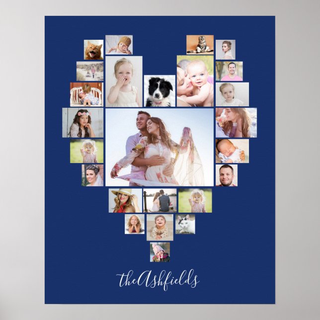 Family Photo Collage Heart 25 Pictures Name Blue Poster (Front)