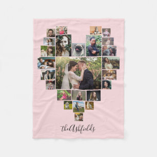 Family Photo Collage Heart 25 Pictures Name Pink Fleece Blanket