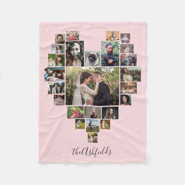 Family Photo Collage Heart 25 Pictures Name Pink Fleece Blanket (Front)
