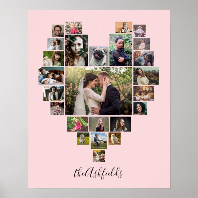 Family Photo Collage Heart 25 Pictures Name Pink Poster (Front)