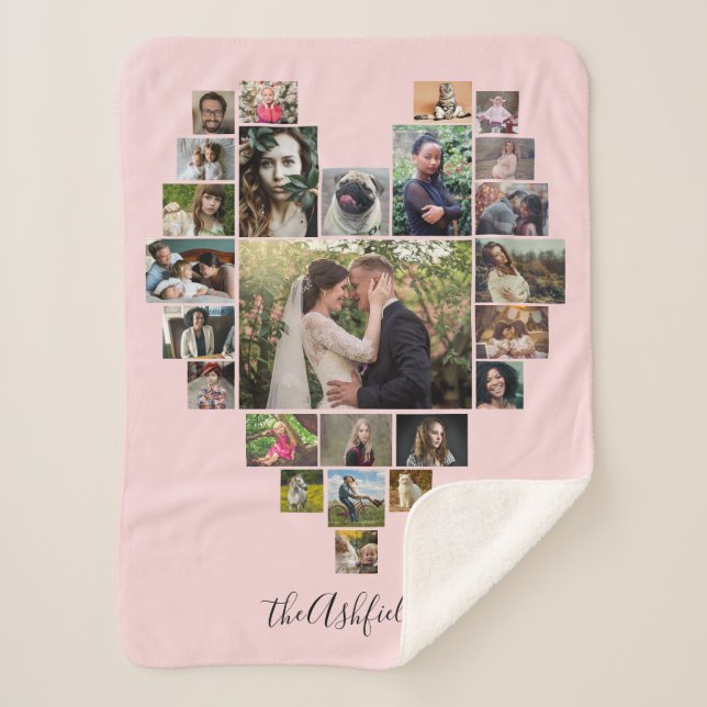 Family Photo Collage Heart 25 Pictures Name Pink Sherpa Blanket (Front)