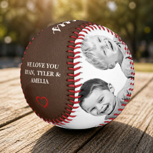Family Photo Collage Leather Father`s Day Baseball