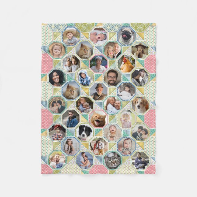 Family Photo Collage Light Quilt Look 35 Pic Lg Sm Fleece Blanket (Front)