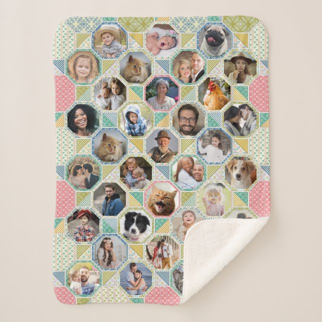 Family Photo Collage Light Quilt Look 35 Pic Lg Sm Sherpa Blanket (Front)