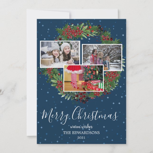 Family photo collage Merry christmas rustic Holida Holiday Card (Front)