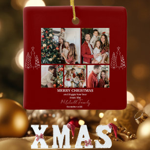Family Photo Collage, Modern, Minimalist Christmas Ceramic Ornament