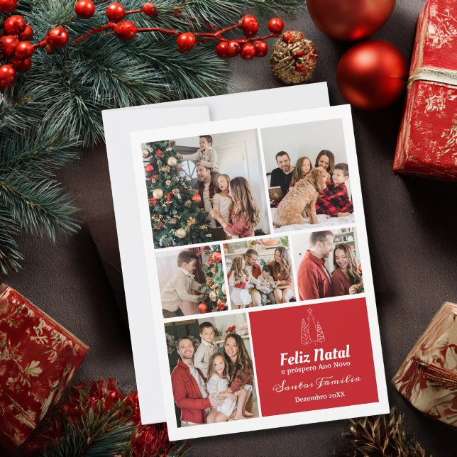 Family Photo Collage, Modern, Portuguese Christmas Holiday Card (Creator Uploaded)