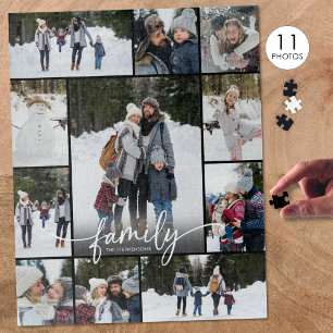 Family Photo Collage Modern Script 11 Photos Jigsaw Puzzle