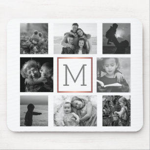 Family Photo Collage Monogram Black & White Mouse Mat