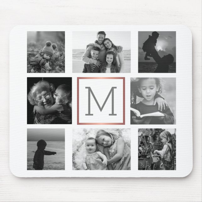 Family Photo Collage Monogram Black & White Mouse Mat (Front)