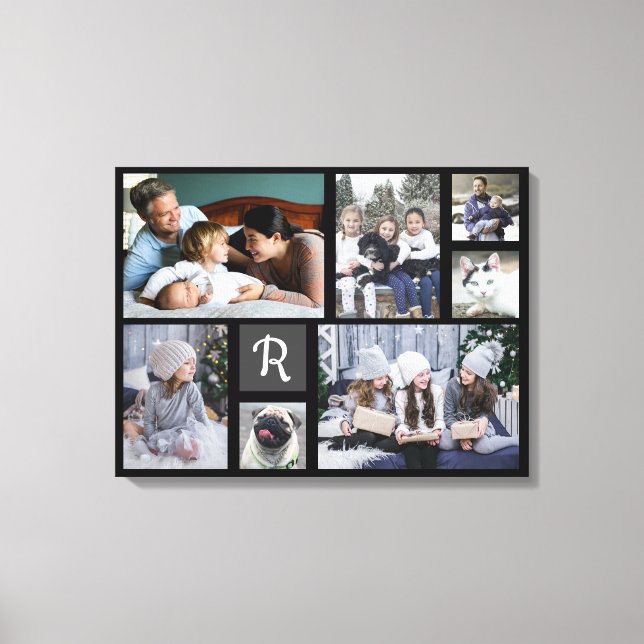 Family Photo Collage Monogrammed 7 Pictures Black Canvas Print (Front)
