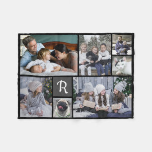 Family Photo Collage Monogrammed 7 Pictures Black Fleece Blanket