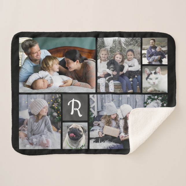 Family Photo Collage Monogrammed 7 Pictures Black Sherpa Blanket (Front (Horizontal))