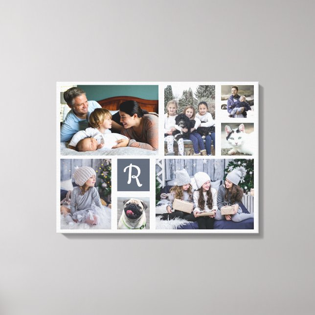 Family Photo Collage Monogrammed 7 Pictures White Canvas Print (Front)