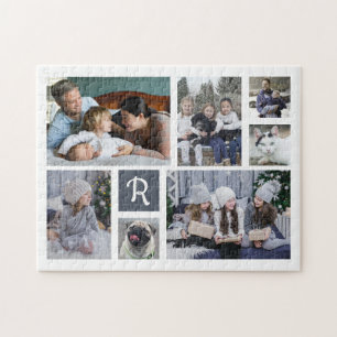 Family Photo Collage Monogrammed 7 Pictures White Jigsaw Puzzle