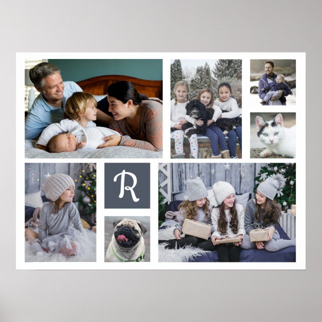 Family Photo Collage Monogrammed 7 Pictures White Poster (Front)