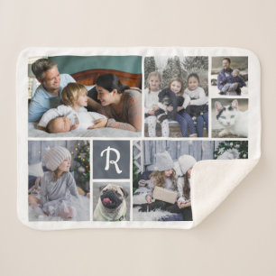 Family Photo Collage Monogrammed 7 Pictures White Sherpa Blanket