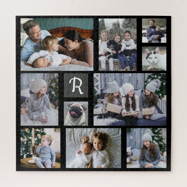 Family Photo Collage Monogrammed Black 10 Pictures Jigsaw Puzzle (Vertical)