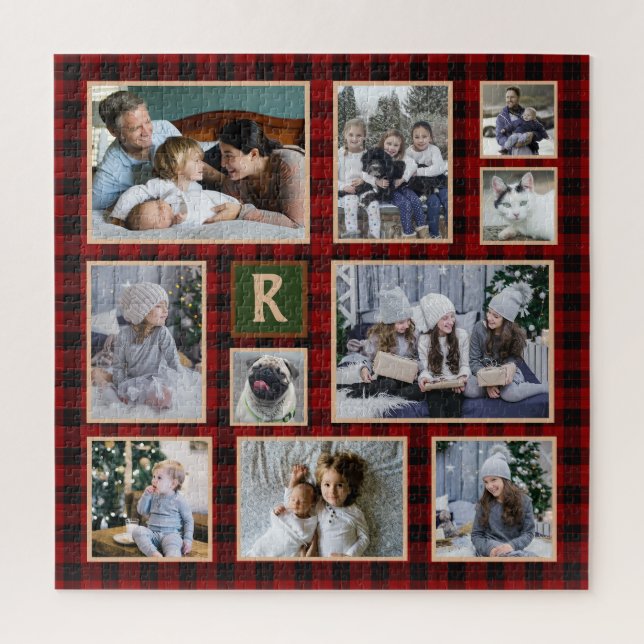 Family Photo Collage Monogrammed Red Buffalo Plaid Jigsaw Puzzle (Vertical)