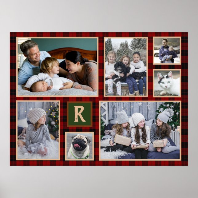 Family Photo Collage Monogrammed Red Buffalo Plaid Poster (Front)